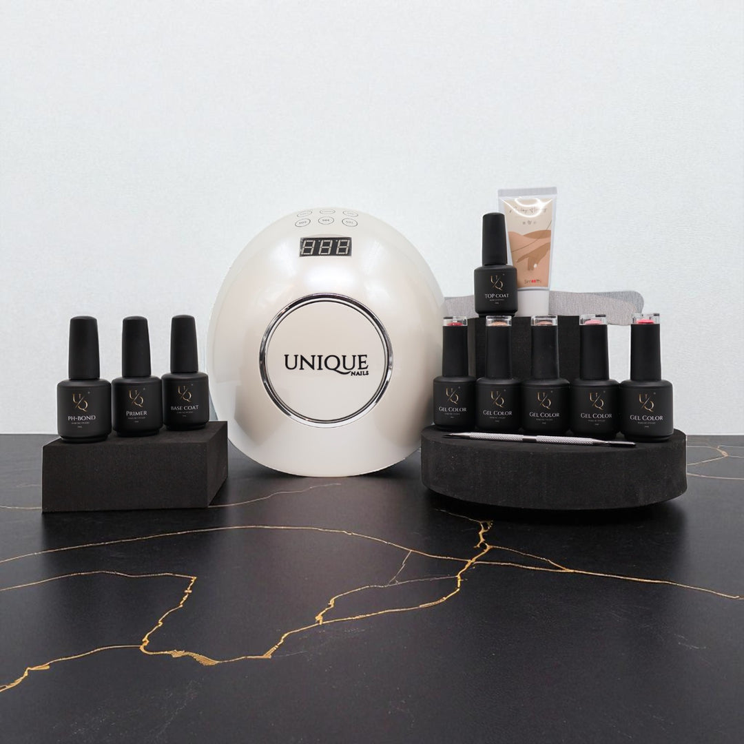 Ultimate bundel deal Unique – complete gellak set met UV/LED lamp, rubber base coat, top coat, primer, pH bond, vijlen en handcrème