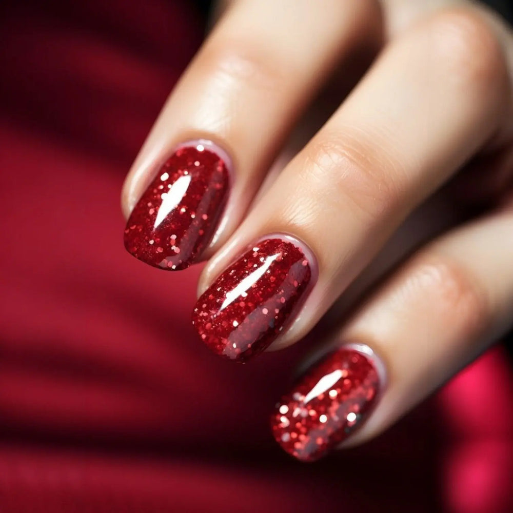 Close-up van glamorous red glitter gellak – sprankelende rode manicure met glanzende glitterafwerking voor een elegante feestlook