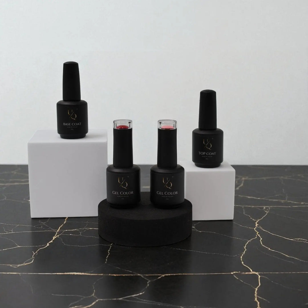 Unique Nails mini gel polish bundle with base coat, top coat and 2 colors – luxury starter set for perfect manicure.
