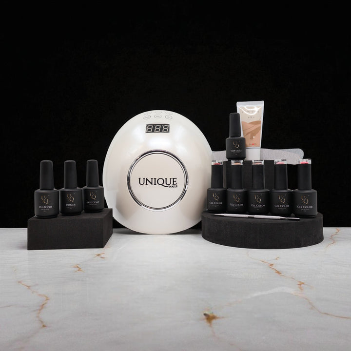 Ultimate bundel deal Unique – complete gellak set met UV/LED lamp, rubber base coat, top coat, primer, pH bond, vijlen en handcrème