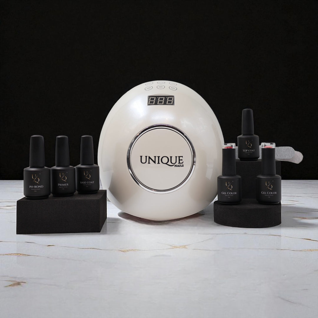 UV LED lamp voor gelnagels inclusief rubber base coat, non-wipe top coat, primer en 2 gelkleuren naar keuze - starterspakket van Unique Nails